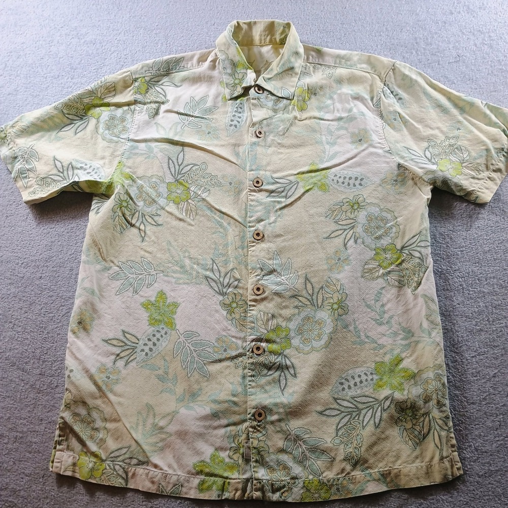 Tommy Bahama Mens Silk Camp Shirt Floral Beige Green Small 100% Silk Tropical